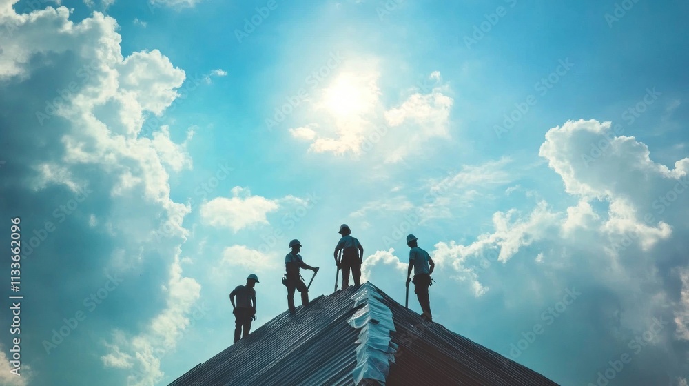 Four Workers Installing A Metal Roof Under A Sunny Sky Four Workers Installing A Metal Roof Under A Sunny Sky