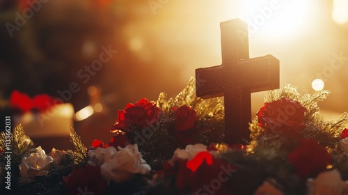 Eternal Remembrance: Memorial Wreath with Cross in Soft Light, a Solemn Tribute photo