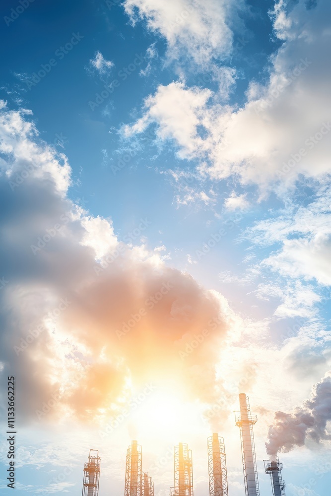 Sunlight Shining Over Industrial Smokestacks Sunlight Shining Over Industrial Smokestacks