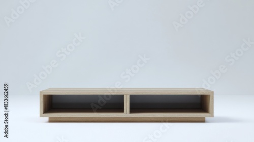 Simple light wood media console with two open compartments. photo