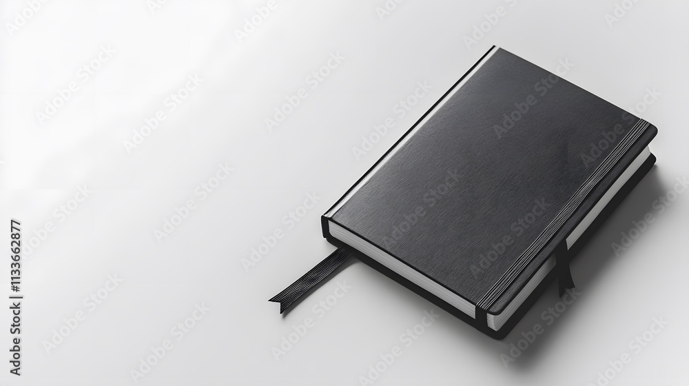Closed black notebook with ribbon bookmark on white background. Closed black notebook with ribbon bookmark on white background.