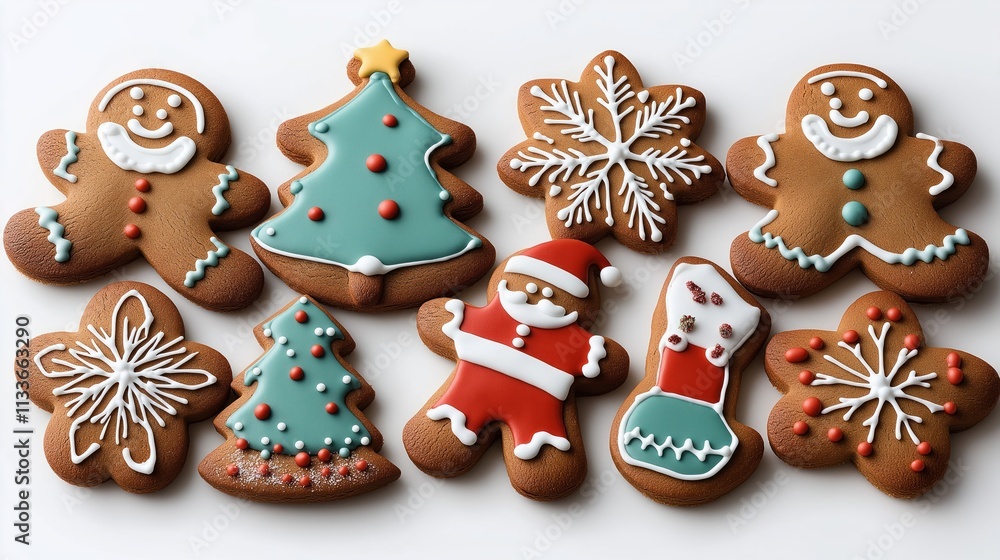 Gingerbread cookies decorated with icing. Festive Christmas cookies on white background. Various designs like Christmas tree, Santa Claus, gingerbread man, snowflake, Christmas stocking. Holiday Gingerbread cookies decorated with icing. Festive Christmas cookies on white background. Various designs like Christmas tree, Santa Claus, gingerbread man, snowflake, Christmas stocking. Holiday
