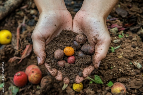 Hands grasp a mixture of rich soil and colorful fruits, showcasing the connection between nature and nurturing during midday. Generative AI photo