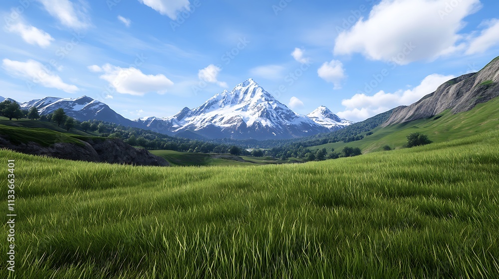 Fototapeta premium Photorealistic Scenic Landscape with Mountains and Green Grass