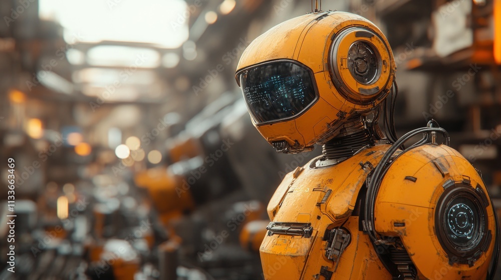 Orange robot, weathered, futuristic city backdrop. Orange robot, weathered, futuristic city backdrop.