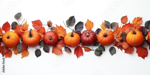 Autumn pumpkins and colorful leaves arranged on a white background. Decorative display perfect for fall themes or seasonal projects. Image suitable for autumn designs or seasonal print projects. photo