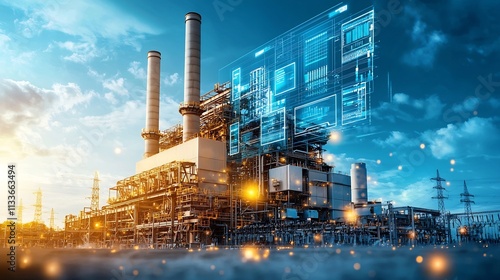 Virtual Twin Interface Analyzing Coal Fired Power Plant Fuel Efficiency and Emissions Levels with Copy Space at the Top for Text Overlay