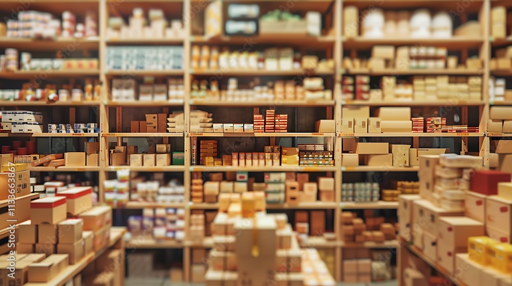 Fototapeta premium Warehouse interior with shelves and rows of boxes