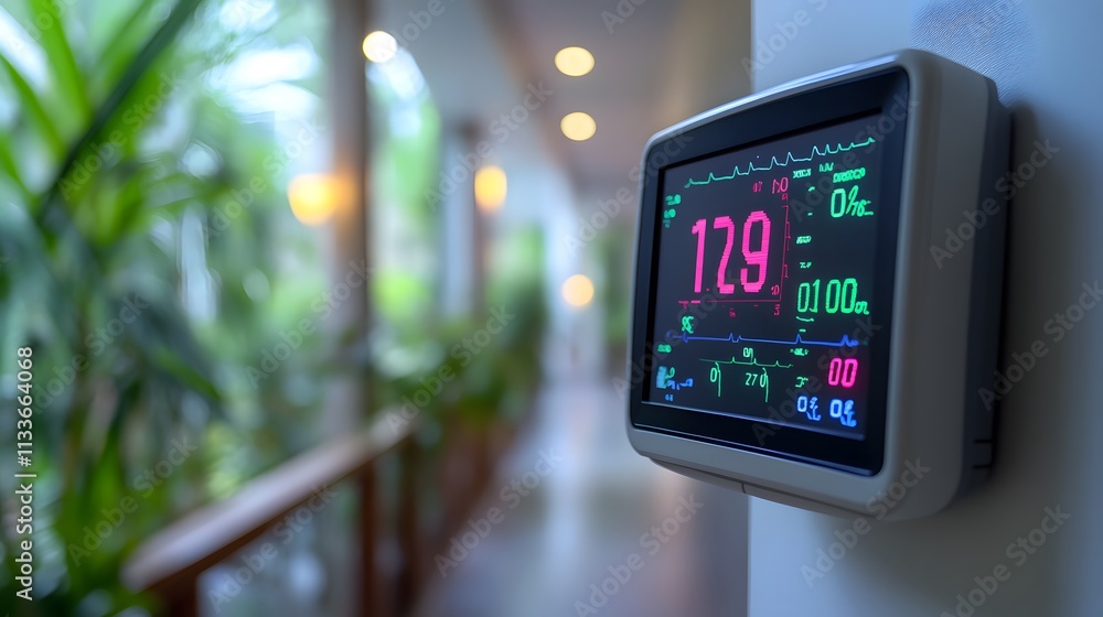 Close-up of a digital display showing a heart rate of 129 bpm in a modern, plant-filled hallway. Close-up of a digital display showing a heart rate of 129 bpm in a modern, plant-filled hallway.