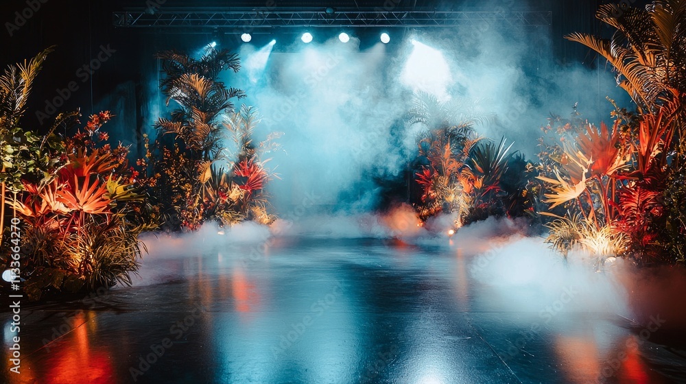 Fototapeta premium A surreal wedding stage combining fantasy forest elements with a dream-like theme, glowing plants and ethereal lights shining brightly against the dark, haunting park