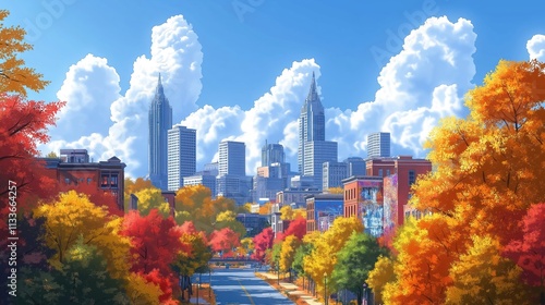 Wallpaper Mural Atlanta cityscape autumn day. Colorful trees line urban street with vibrant buildings. Sunny day with big clouds. Modern city architecture, street art combined in urban scene. City life atmosphere Torontodigital.ca