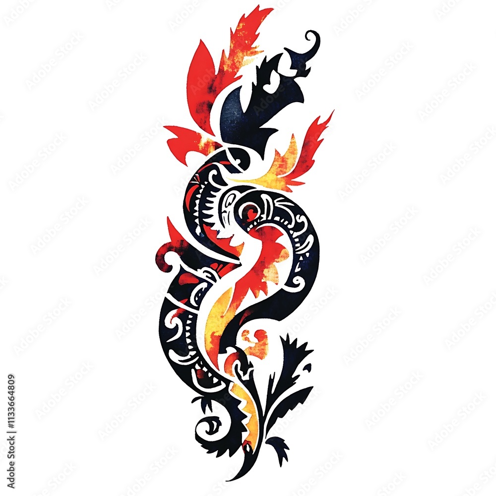 Naklejka premium Abstract Watercolor Dragon Design with Intricate Floral Details.