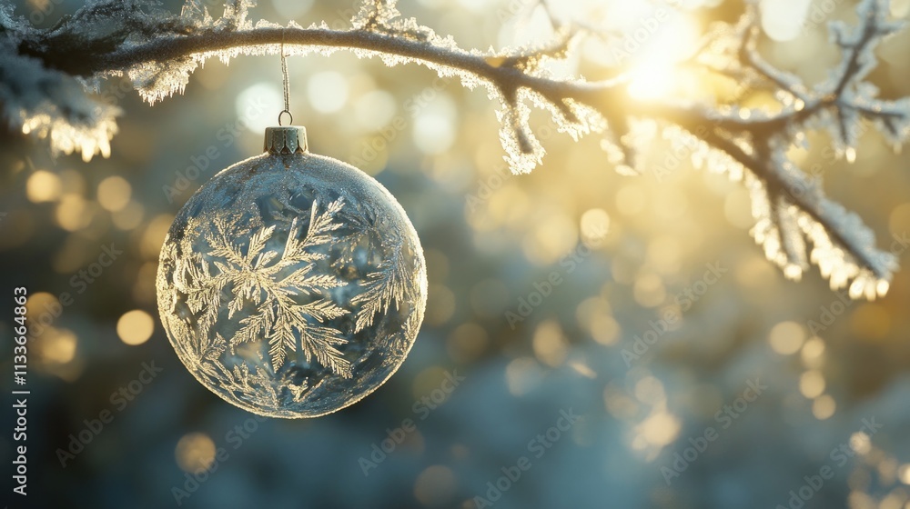 A frosted ornament hangs delicately from a snowy branch, capturing winter's beauty. A frosted ornament hangs delicately from a snowy branch, capturing winter's beauty.