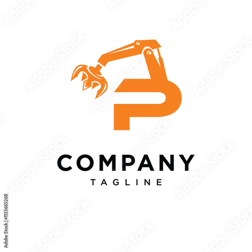Letter P Grapple Excavator Logo Icon Vector