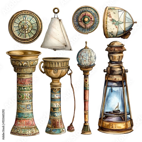 Collection of Antique Nautical Instruments and Globes, Watercolor Illustration.