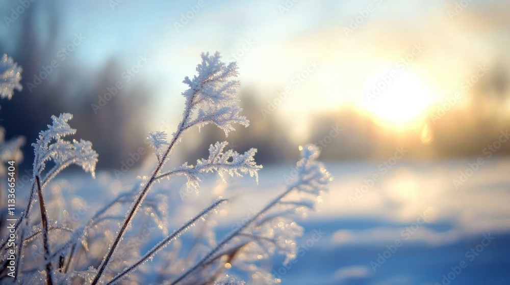A frosty landscape at sunrise, showcasing delicate ice-covered plants and a serene winter scene. A frosty landscape at sunrise, showcasing delicate ice-covered plants and a serene winter scene.