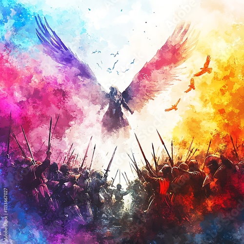 A Celestial Being Descends Upon Two Armies in a Vibrant Watercolor Painting. photo