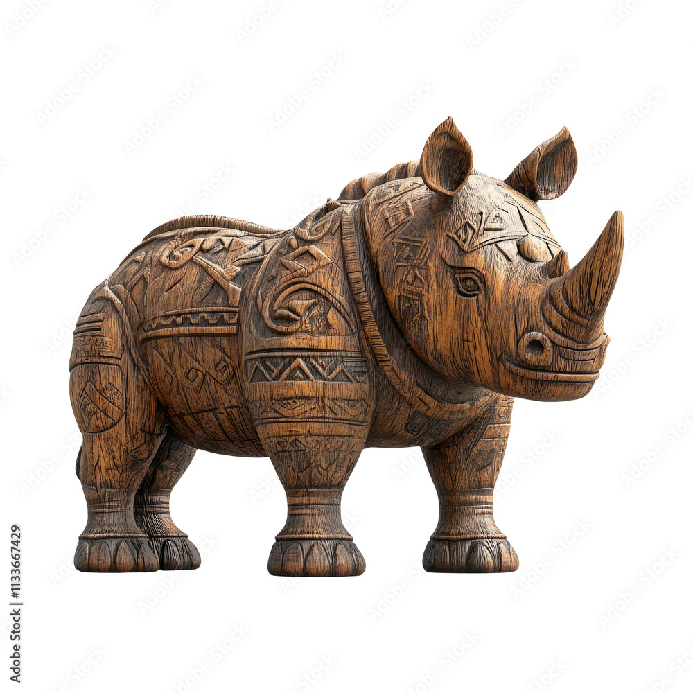 Wooden Rhinoceros Figure on Transparent Background Wooden Rhinoceros Figure on Transparent Background