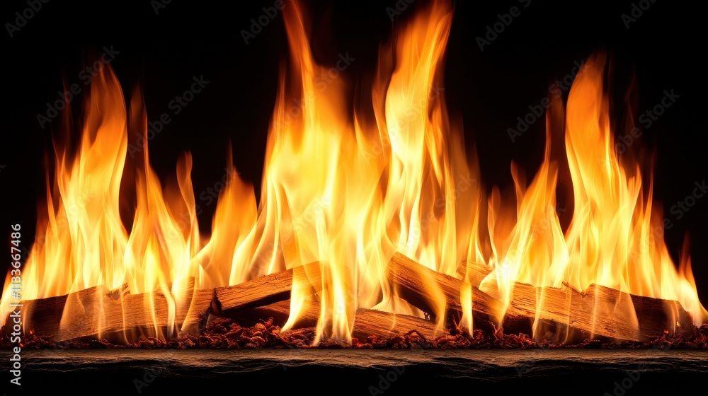Bright Flames Dancing Over Logs in a Dark Background Setting Bright Flames Dancing Over Logs in a Dark Background Setting