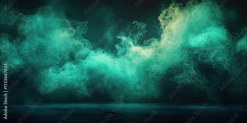 Obraz premium Abstract dark green, cyan background with neon light. Smoke-like shapes with bright neon glow. Dark atmosphere. Futuristic design. Vivid colors. Perfect for tech, gaming, abstract art projects.