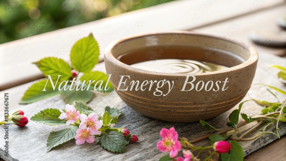 A closeup of a wooden table features a handcrafted clay bowl b with freshly prepared ginseng root tea. Surrounding the bowl delicate green leaves and vibrant flowers add a