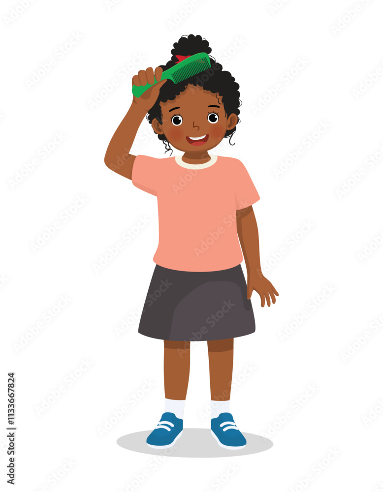 Fototapeta premium Cute little African girl combing her hair with comb 