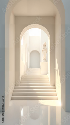 A Grand Immaculate Hall Featuring a White Color Scheme, Symmetrical Design, and Beautifully Illuminated Angel Statues