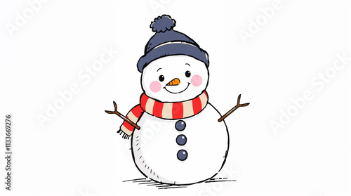 Adorable and charming hand-drawn color sketchnote style snowman, simple lines, charming features, snow background photo