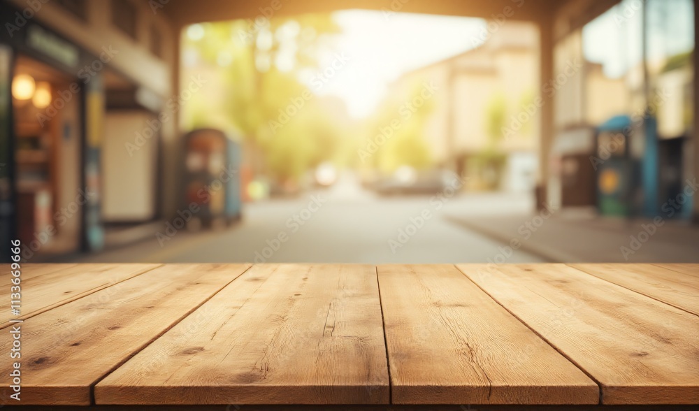 Wooden table in focus with a blurred street view and soft lighting background. Wooden table in focus with a blurred street view and soft lighting background.
