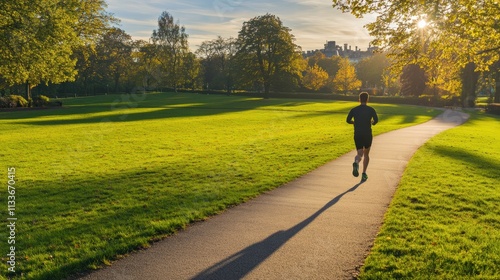 Fototapeta Naklejka Na Ścianę i Meble -  A solitary runner navigates a winding path in a lush green park as the sun sets, creating a serene atmosphere for exercise. Generative AI