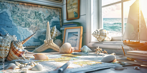 Seashells, Nautical Charts, and Model Sailboat on Desk by Ocean Window photo