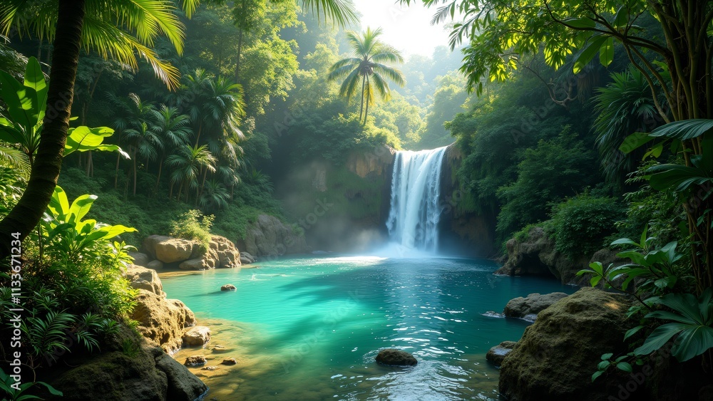 A serene waterfall cascades into a crystal-clear pool, surrounded by lush greenery and vibrant tropical plants, creating a tranquil natural paradise. A serene waterfall cascades into a crystal-clear pool, surrounded by lush greenery and vibrant tropical plants, creating a tranquil natural paradise.