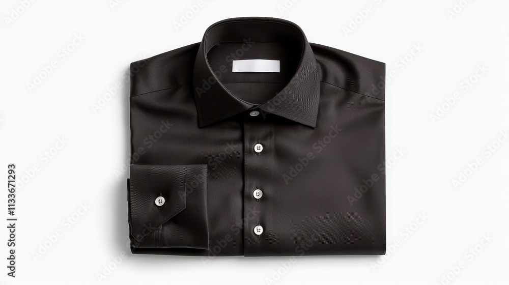 Black collared shirt spread neatly with collar and cuffs visible, isolated against a white surface, Professional clothing, minimalist design Black collared shirt spread neatly with collar and cuffs visible, isolated against a white surface, Professional clothing, minimalist design