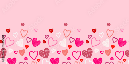 Colorful doodle seamless heart pattern on pink background. Valentines seamless pattern for background banner textiles.