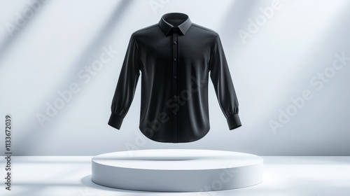 Black collared shirt levitating slightly above a white surface, casting subtle shadows, Product display, modern fashion mockup photo