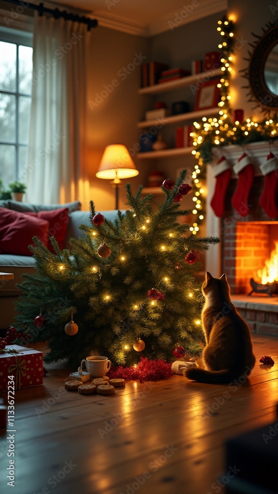 Capture a Christmas living room scene with a fallen tree, ornaments scattered, and a mischievous cat caught in the act of causing holiday chaos Capture a Christmas living room scene with a fallen tree, ornaments scattered, and a mischievous cat caught in the act of causing holiday chaos