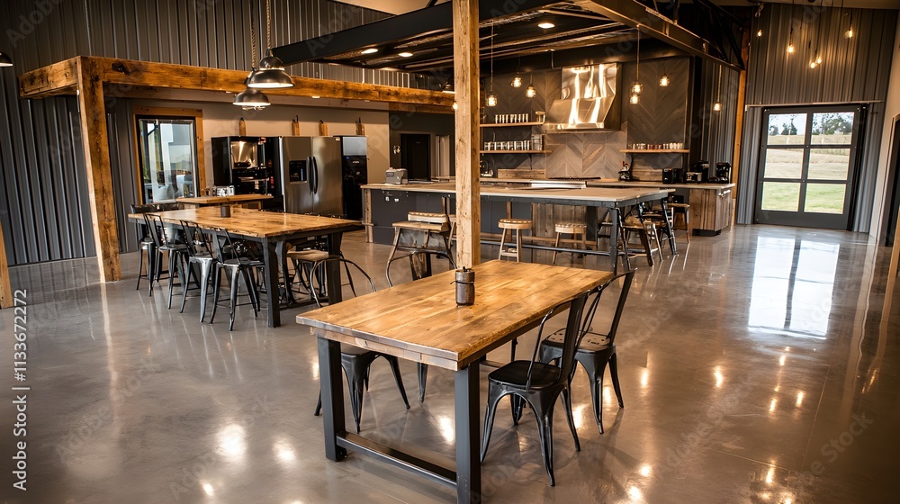 Dining area with rustic furniture, hostel kitchen vibe, cooking equipment on display Dining area with rustic furniture, hostel kitchen vibe, cooking equipment on display