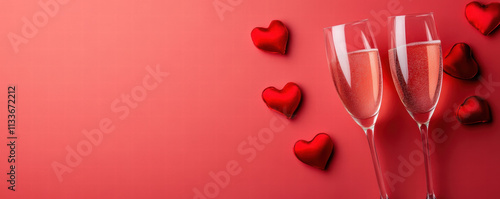 A red background with two wine glasses and a bunch of red hearts