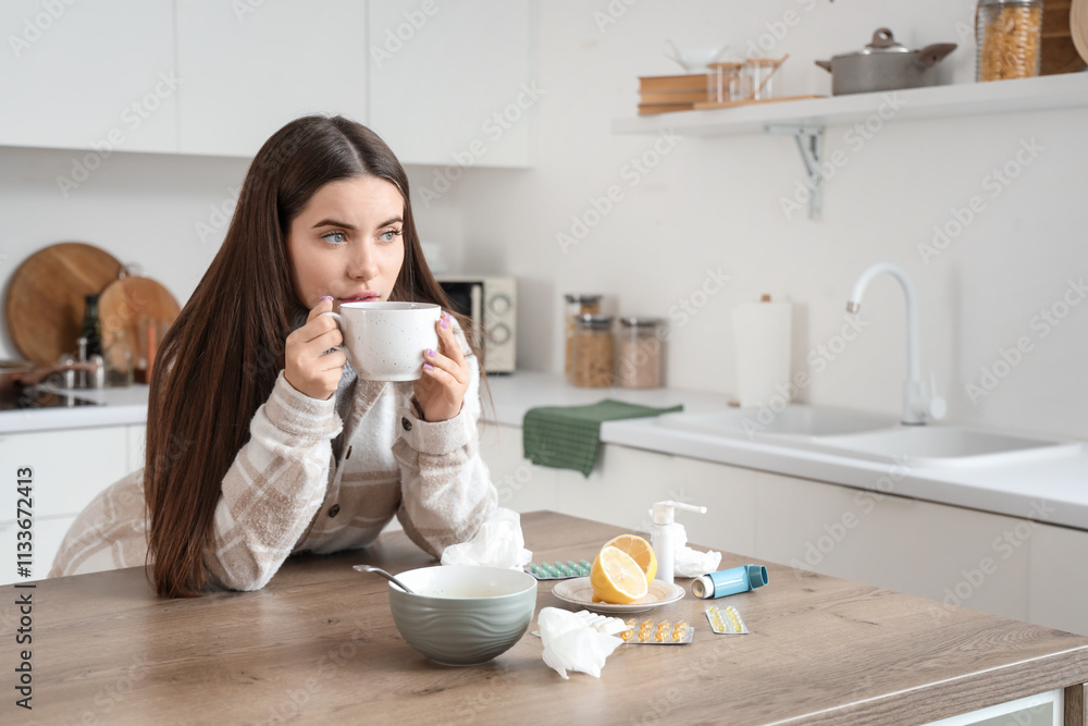 Ill young woman drinking hot tea in kitchen Ill young woman drinking hot tea in kitchen