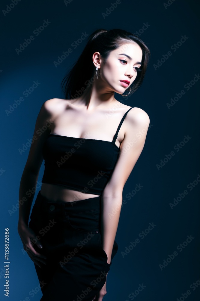 Modern fashion portrait of a stylish woman in black crop top and pants.generative AI
Modern fashion portrait of a stylish woman in black crop top and pants.generative AI