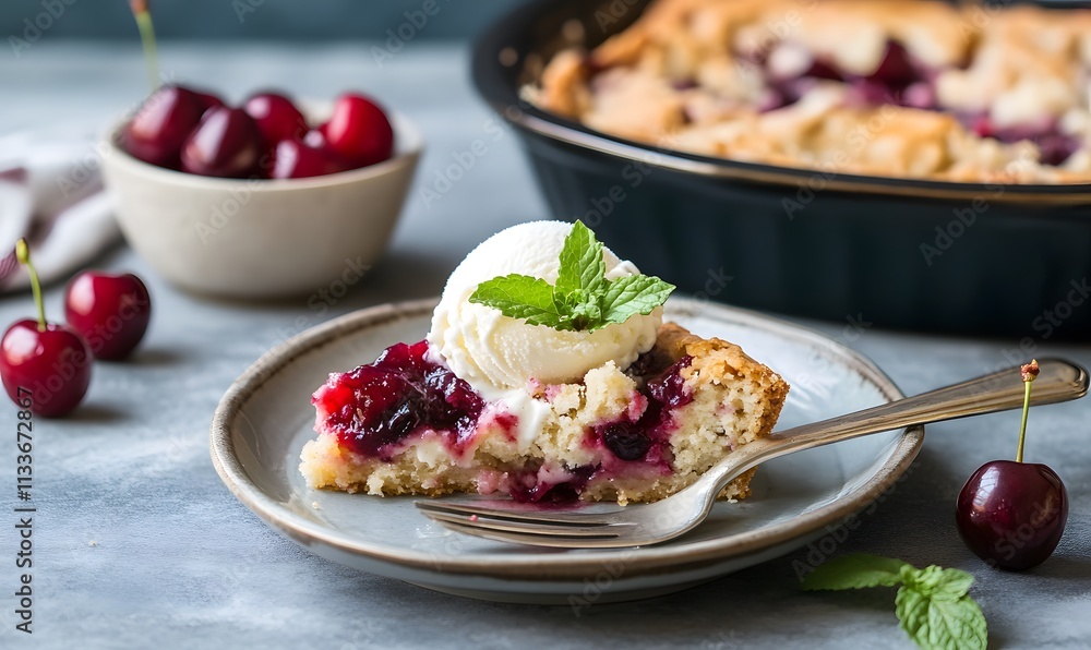 A beautifully plated slice of cherry dump cake topped with vanilla ice cream, Generative AI A beautifully plated slice of cherry dump cake topped with vanilla ice cream, Generative AI
