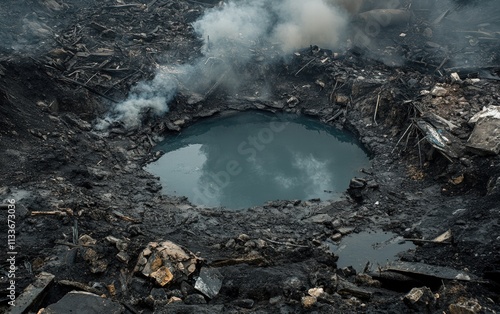 Aftermath of Destruction: A crater filled with dark water amidst scorched earth and debris; smoke rises, painting a grim picture of devastation. photo