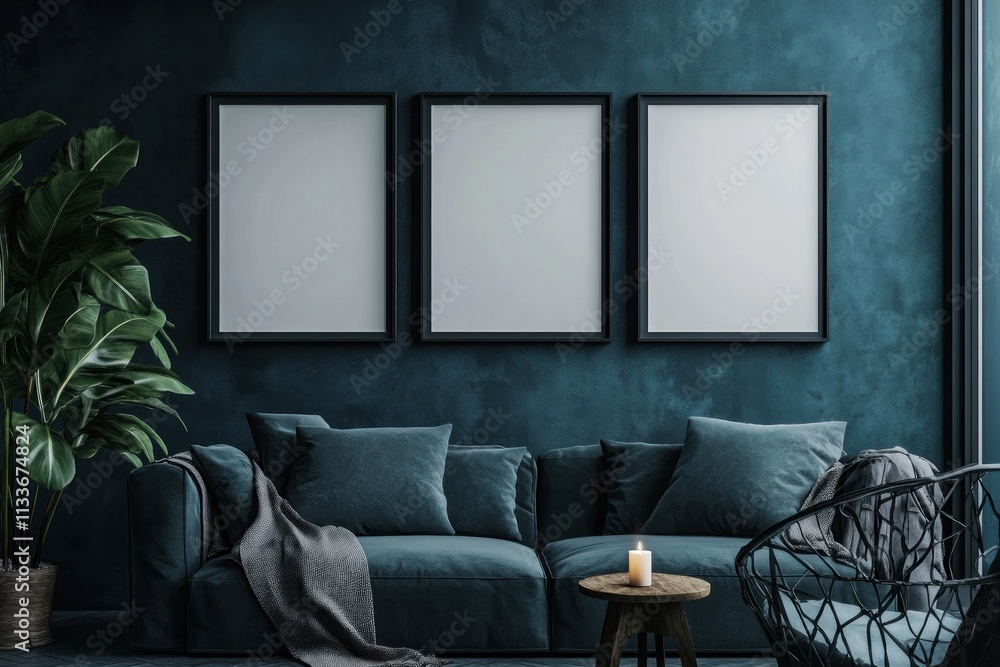 Six blank picture frames prominently displayed in a modern dark home interior featuring chic design and rich hues. The room showcases a stylish lounge area with plush seating and elegant decor Six blank picture frames prominently displayed in a modern dark home interior featuring chic design and rich hues. The room showcases a stylish lounge area with plush seating and elegant decor