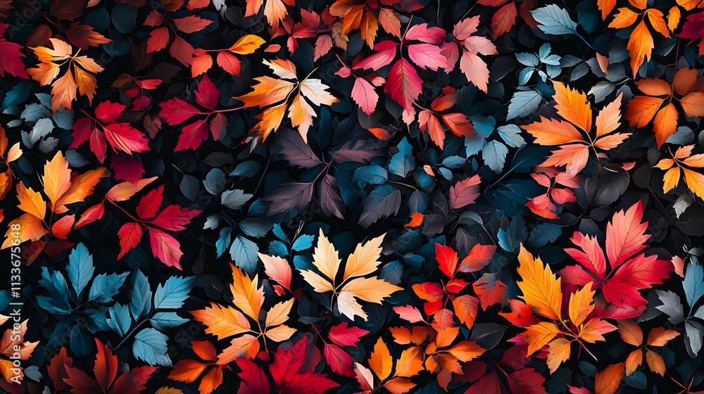 Dynamic autumn foliage pattern, seamless and vivid, with shades of red, orange, blue, and pink on black, perfect for bold seasonal or nature-inspired designs Dynamic autumn foliage pattern, seamless and vivid, with shades of red, orange, blue, and pink on black, perfect for bold seasonal or nature-inspired designs