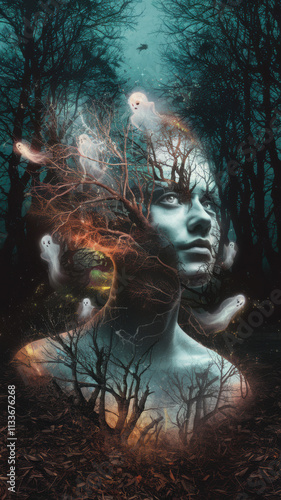 Enchanted Forest Spirit with Ethereal Ghosts – Surreal Artwork