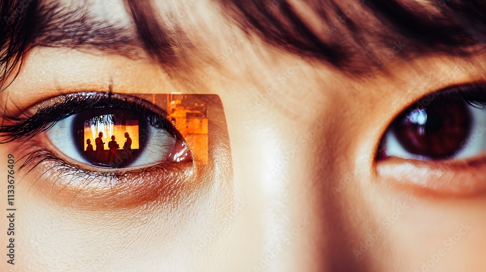 Naklejka premium close-up of a woman’s eyes with a double exposure of a political speech event blending into the iris, symbolizing the importance of women in politics. [Women’s]:[politics] 