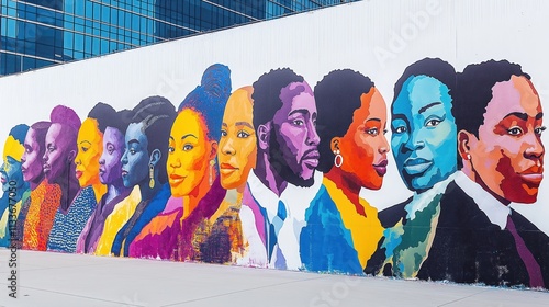 Large vibrant mural decorates city wall. Colorful portraits celebrate African, diaspora history. Important figures represented. Artwork created during Black Awareness Day. Symbols of strength, unity. photo