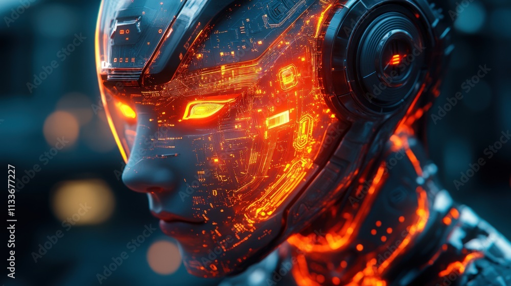 Glowing robot face, intricate circuitry visible. Glowing robot face, intricate circuitry visible.