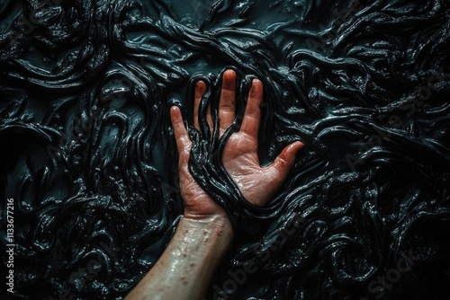 Hand coming out of a black thick wormy slime, mysterious, horror photo