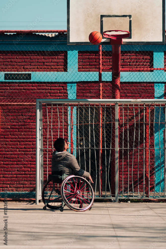 Obraz premium Young Latino athlete in wheelchair, training, playing and shooting basketball in a city park outdoors